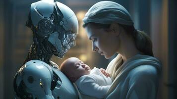 futuristisch weiblich Roboter Babysitting ein Baby ai generiert foto