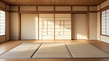 Nahansicht Attrappe, Lehrmodell, Simulation von leeren japanischer Stil Zimmer mit Tatami Matten ai generiert foto