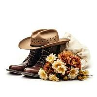 Jahrgang Cowboy Stiefel und Hut mit minimalistisch Blumen ai generiert foto