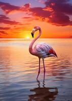 Flamingo Silhouette beim Sonnenuntergang mit Palme Bäume auf das Strand ai generiert foto