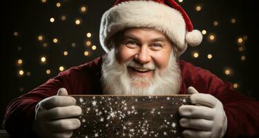 heiter Santa claus zeigen beim leer Werbung ai generiert foto