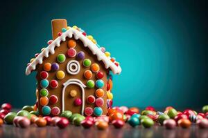 köstlich Lebkuchen Haus mit Kopieren Raum zum Essen Fotografie ai generiert foto