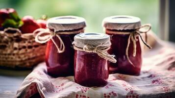 köstlich hausgemacht Erdbeere Marmelade im zwei Mason Gläser ai generiert foto