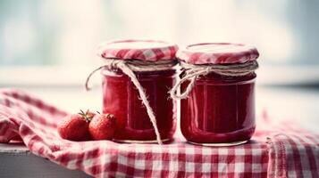 köstlich hausgemacht Erdbeere Marmelade im zwei Mason Gläser ai generiert foto