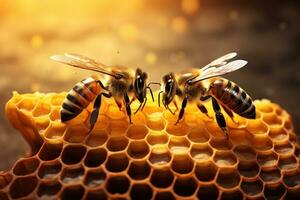 beschäftigt Bienen Gebäude Bienenwabe ai generiert foto