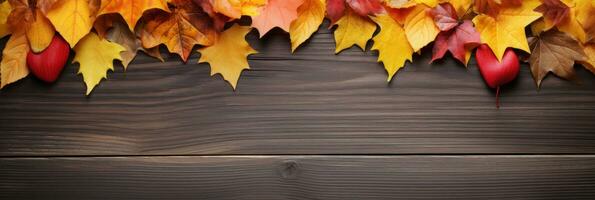 Herbst Hintergrund mit Herz Gruß Karte und bunt Blätter ai generiert foto