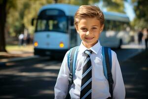wenig glücklich Schule Junge mit Weiß und Blau Schule ai generiert foto