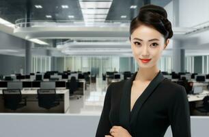 lächelnd asiatisch Frau posieren im öffnen Büro Raum ai generiert foto