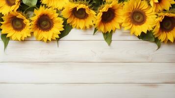 Jahrgang Sonnenblumen auf Weiß hölzern Hintergrund ai generiert foto