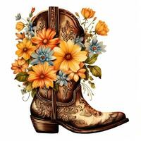 Jahrgang Cowboy Stiefel mit Blumen auf Weiß Hintergrund ai generiert foto