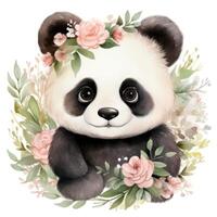 bezaubernd Aquarell Baby Panda mit ein Blume Krone Clip Art auf Weiß Hintergrund ai generiert foto