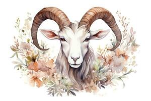 botanisch Stil Aquarell Gemälde von Steinbock Tierkreis Zeichen auf rein Weiß Hintergrund ai generiert foto