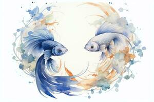 Aquarell Gemälde von Fische Tierkreis Zeichen im botanisch Stil auf rein Weiß Hintergrund ai generiert foto