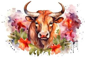 Aquarell Gemälde von Stier Tierkreis Zeichen im botanisch Stil auf rein Weiß Hintergrund ai generiert foto