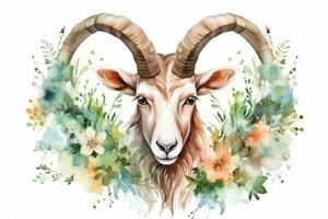 Aquarell Gemälde von Steinbock Tierkreis Zeichen im botanisch Stil auf rein Weiß Hintergrund ai generiert foto