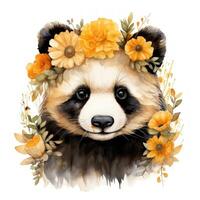 wunderlich Aquarell Panda mit Sonnenblume Krone Clip Art auf Weiß Hintergrund ai generiert foto