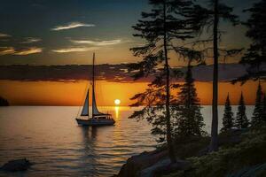 heiter Sonnenuntergang auf See überlegen mit ein segeln Boot ai generiert foto