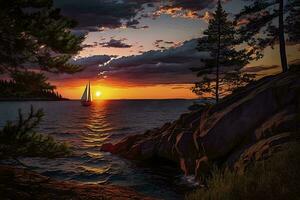 beschwingt Sonnenuntergang Über See überlegen mit ein Segeln Boot ai generiert foto
