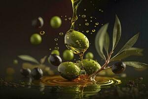 köstlich Olive Öl mit ...-Geschmack mit Gewürze gegossen Über heiß Grün Oliven ai generiert foto