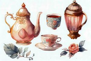 schön viktorianisch Kunst Stil Illustration von detailliert Aquarell Tee ai generiert foto
