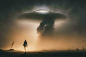 mysteriös Silhouette Stehen unter enorm UFO ai generiert foto