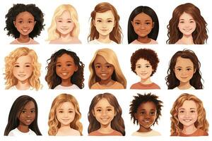 vielfältig Gruppe von Mädchen mit einzigartig Haut Töne Kinder eben Design ai generiert foto