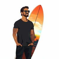 Mann Stehen mit Surfbrett im eben minimal Stil ai generiert foto