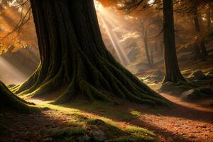 Foto von das Herbst Berg Wald, Wald Fluss, moosig Steine, Sonne Strahlen Hintergrund