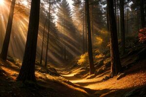 Foto von das Herbst Berg Wald, Wald Fluss, moosig Steine, Sonne Strahlen Hintergrund