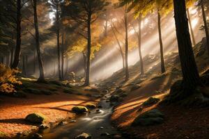 Foto von das Herbst Berg Wald, Wald Fluss, moosig Steine, Sonne Strahlen Hintergrund