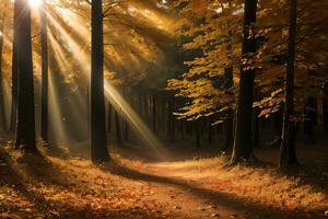 Foto von das Herbst Berg Wald, Wald Fluss, moosig Steine, Sonne Strahlen Hintergrund