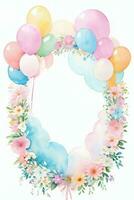 Aquarell Hochzeit oder Geburtstag Schöne Grüße Karte Hintergrund mit Ballons und Blumen foto