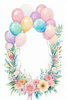 Aquarell Hochzeit oder Geburtstag Schöne Grüße Karte Hintergrund mit Ballons und Blumen foto