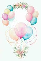 Aquarell Hochzeit oder Geburtstag Schöne Grüße Karte Hintergrund mit Ballons und Blumen foto