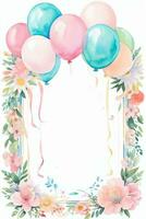 Aquarell Hochzeit oder Geburtstag Schöne Grüße Karte Hintergrund mit Ballons und Blumen foto