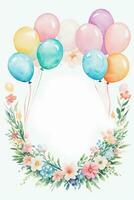 Aquarell Hochzeit oder Geburtstag Schöne Grüße Karte Hintergrund mit Ballons und Blumen foto