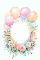 Aquarell Hochzeit oder Geburtstag Schöne Grüße Karte Hintergrund mit Ballons und Blumen foto