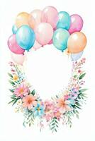 Aquarell Hochzeit oder Geburtstag Schöne Grüße Karte Hintergrund mit Ballons und Blumen foto