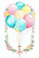 Aquarell Hochzeit oder Geburtstag Schöne Grüße Karte Hintergrund mit Ballons und Blumen foto