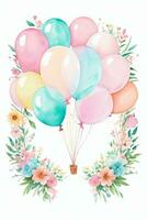 Aquarell Hochzeit oder Geburtstag Schöne Grüße Karte Hintergrund mit Ballons und Blumen foto