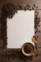Kaffee Bohnen auf das hölzern Tabelle Banner Vorlage foto