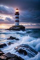 Foto von das Leuchtturm und stürmisch Meer Hintergrund Hintergrund