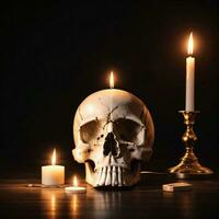 das Schädel und Kerze auf das schwarz Hintergrund foto