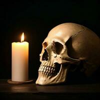 das Schädel und Kerze auf das schwarz Hintergrund foto