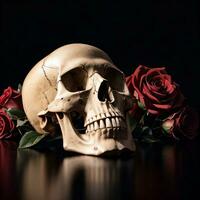 das Schädel und Rosen auf das schwarz Hintergrund foto
