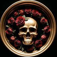 das Schädel und Rosen auf das schwarz Hintergrund foto