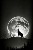 Wolf einsam groß Mond einsam Studio Silhouette Foto schwarz Weiß von hinten beleuchtet Porträt Bewegung Kontur tätowieren