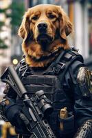 Retriever Klatsche Hund Uniform k9 Körper Rüstung Gewehr Gewehr Hand humanisiert Fotografie Haustier Militär- foto