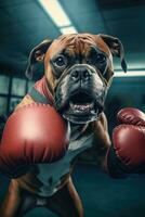 Bulldogge Hund Boxer Boxen Ring Handschuhe Foto humanisiert Tier realistisch Zähne echt