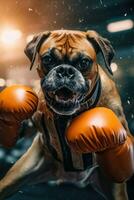 Bulldogge Hund Boxer Boxen Ring Handschuhe Foto humanisiert Tier realistisch Zähne echt